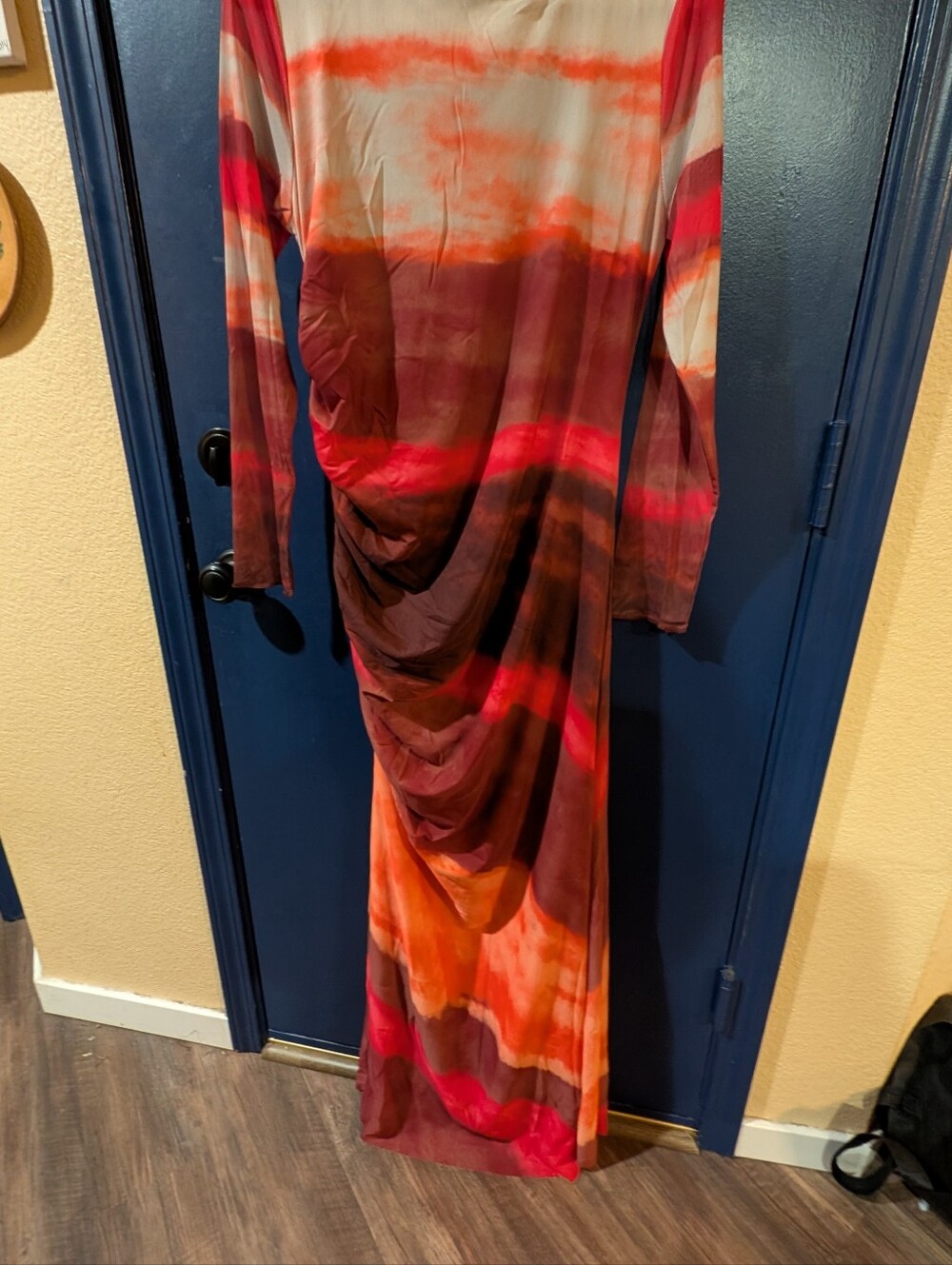Luxury XL Pink Red Abstract Mesh Ruched Long Sleeve Maxi Dress NWT